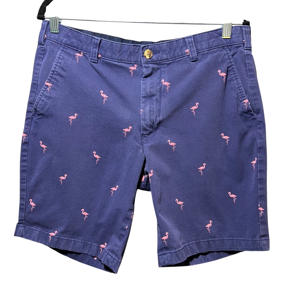 Club Room Mens Navy Blue Pink Flamingo Embroidered Chino Shorts 32